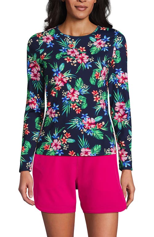 Shop Lands' End Long Crew Neck Long Sleeve Rash Guard Upf 50 Sun Protection Modest Swim Tee In Deep Sea Navy Rosella Floral