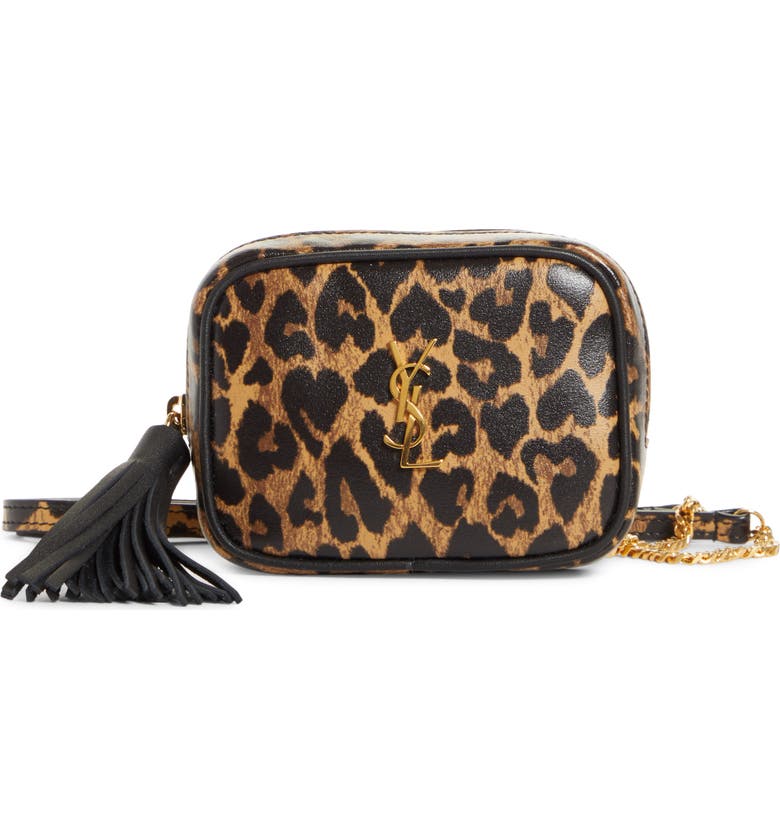 SAINT LAURENT Baby Lou Leopard Heart Print Leather Micro Crossbody Bag, Main, color, TOFFEE/NERO