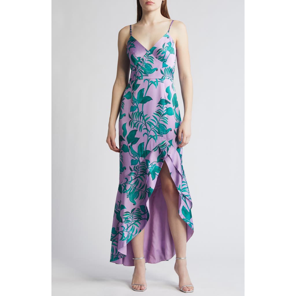 Hutch Angel Tropical Print Satin High-low Dress In Patina/purple Tropical