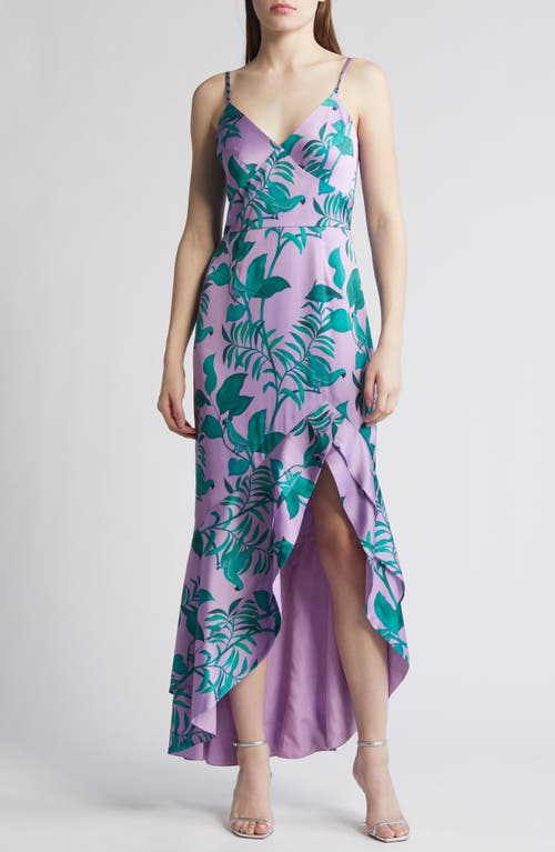Angel Tropical Print Satin High-Low Dress in Patina/Purple Tropical