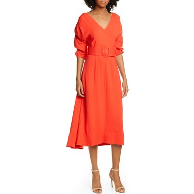 Nicholas Gathered Sleeve Midi Dress, Red