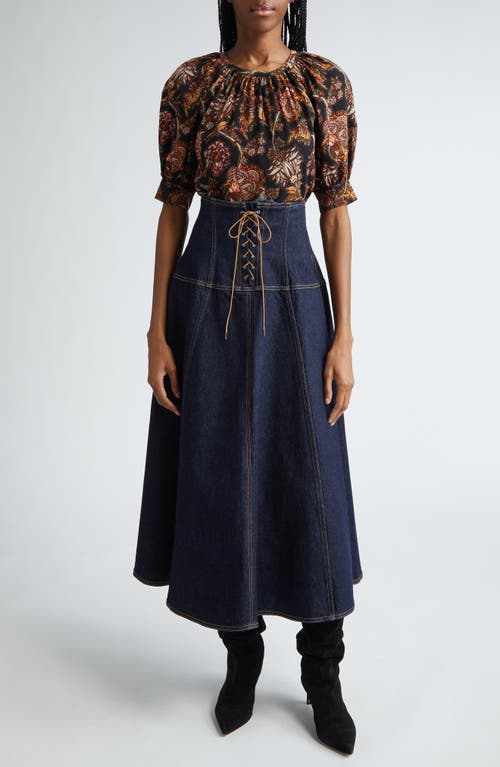 Shop Ulla Johnson The Estelle Lace-up Denim Midi Skirt In Tigris