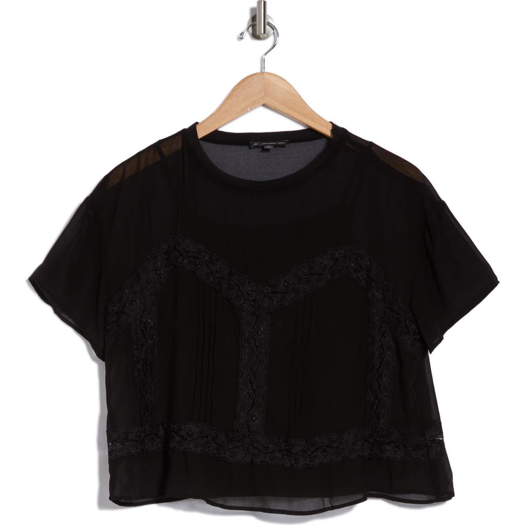 Adrianna Papell Short Sleeve Pieced Sheer Lace & Chiffon Top In Black