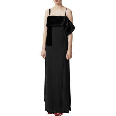 Burberry Faux Fur Detail Silk Gown, Black