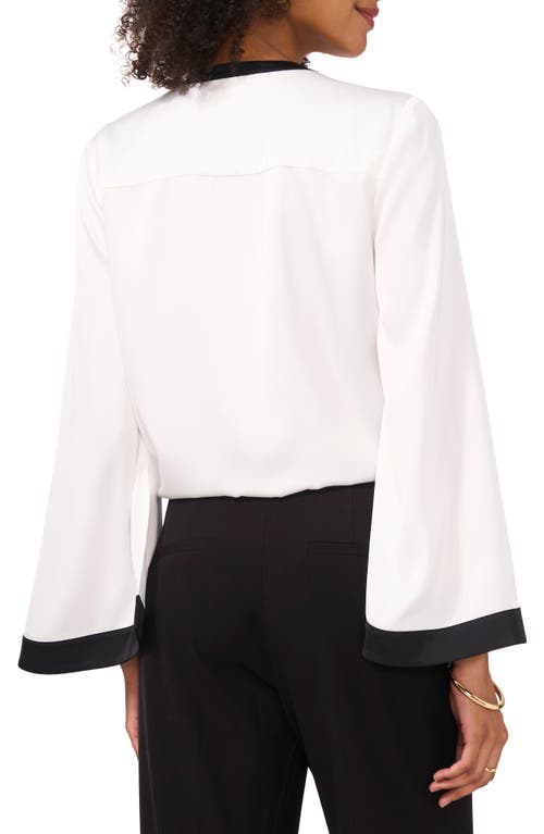 Shop Vince Camuto Contrast Detail Tie Front Button-up Satin Shirt In New Ivory