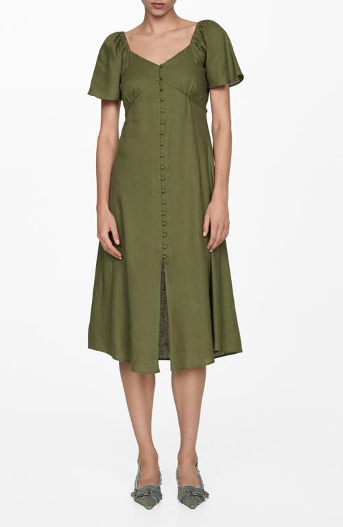 Shop Mango Flutter Sleeve Linen Blend Midi Dress In Khaki Green