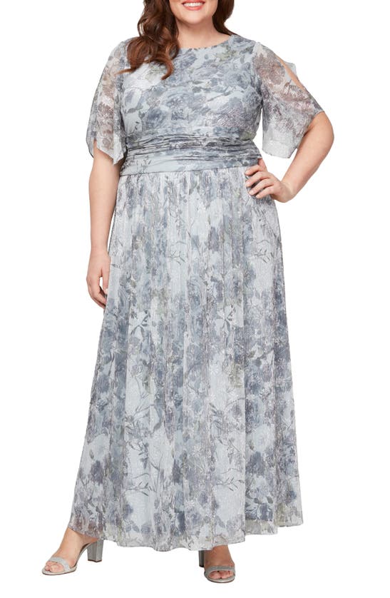 Shop Sl Fashions Floral Cold Shoulder Gown In Silver Multi