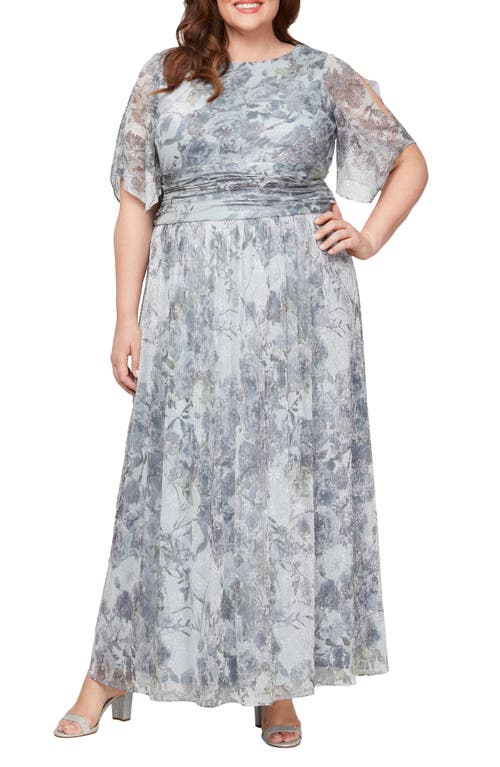 Floral Cold Shoulder Gown in Silver Multi