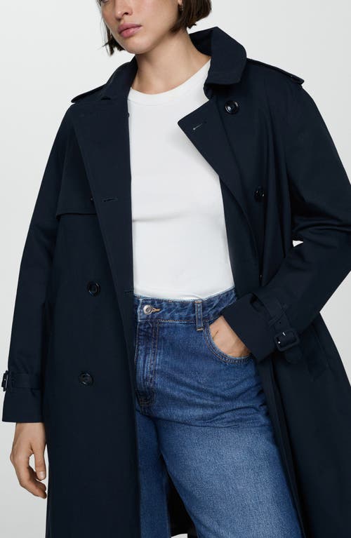 Mango Classic Double Breasted Water Repellent Cotton Trench Coat In Dark Navy