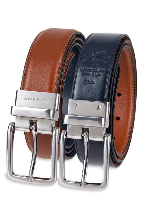 Shop Cole Haan Reversible Feather Edge Leather Belt In Cognac/navy