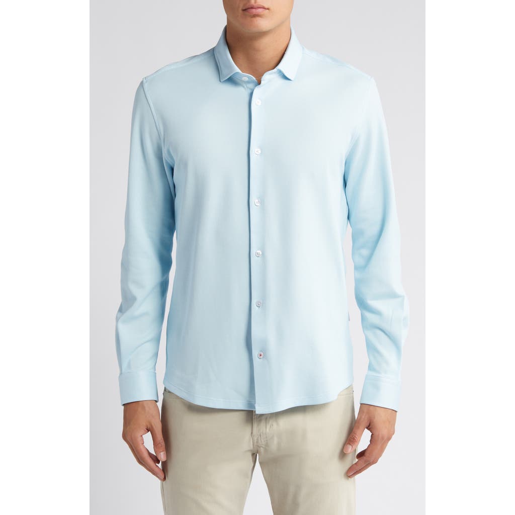 Stone Rose Solid Performance Piqué Button-up Shirt In Blue