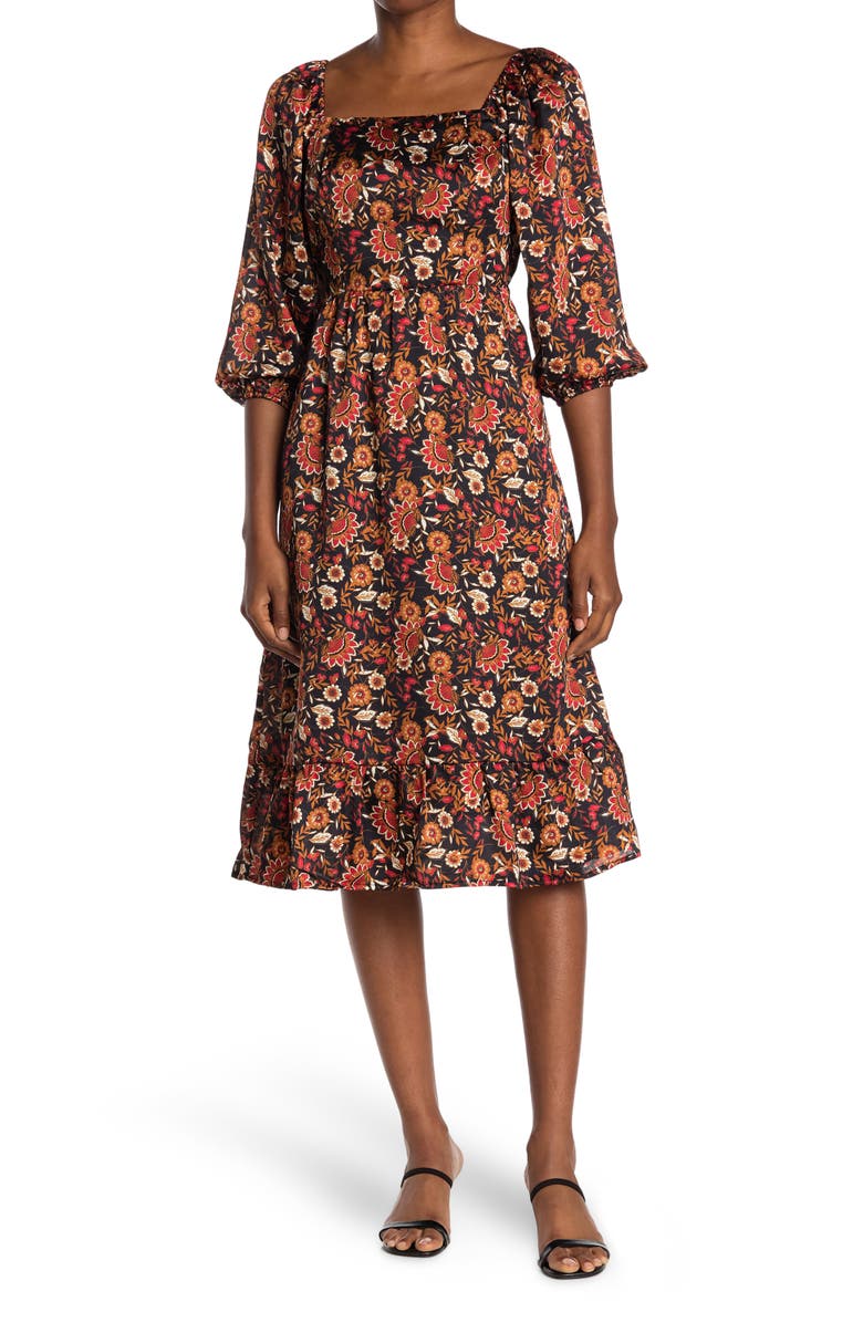 Collective Concepts Floral Tie Front Puff Sleeve Midi Dress | Nordstromrack