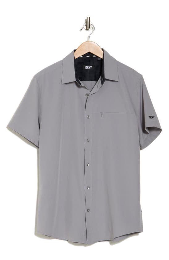 Shop Dkny Sportswear Lenox Short Sleeve Button-up Tech Shirt In Greystone