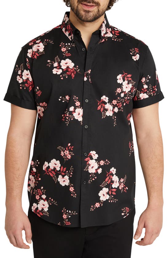 Shop Johnny Bigg Clive Classic Fit Floral Short Sleeve Stretch Cotton Button-up Shirt In Black