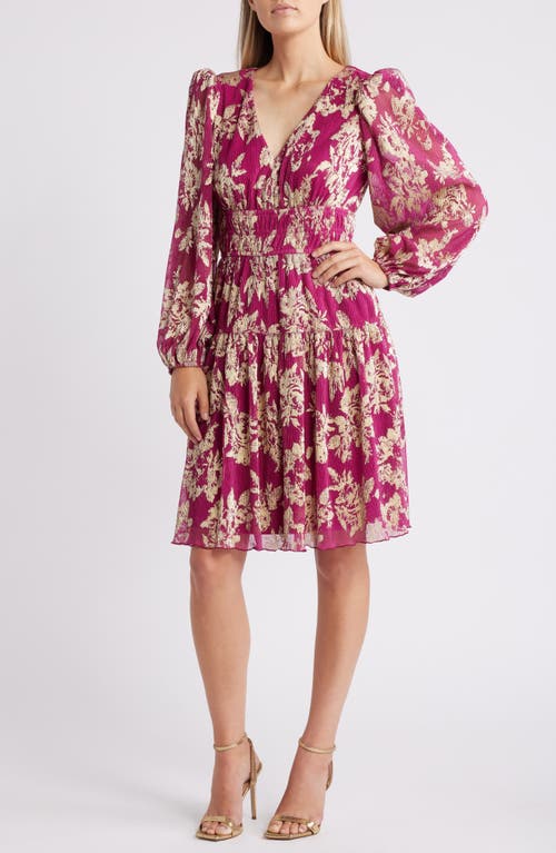 Shop Vince Camuto Metallic Floral Long Sleeve Fit & Flare Dress In Magenta