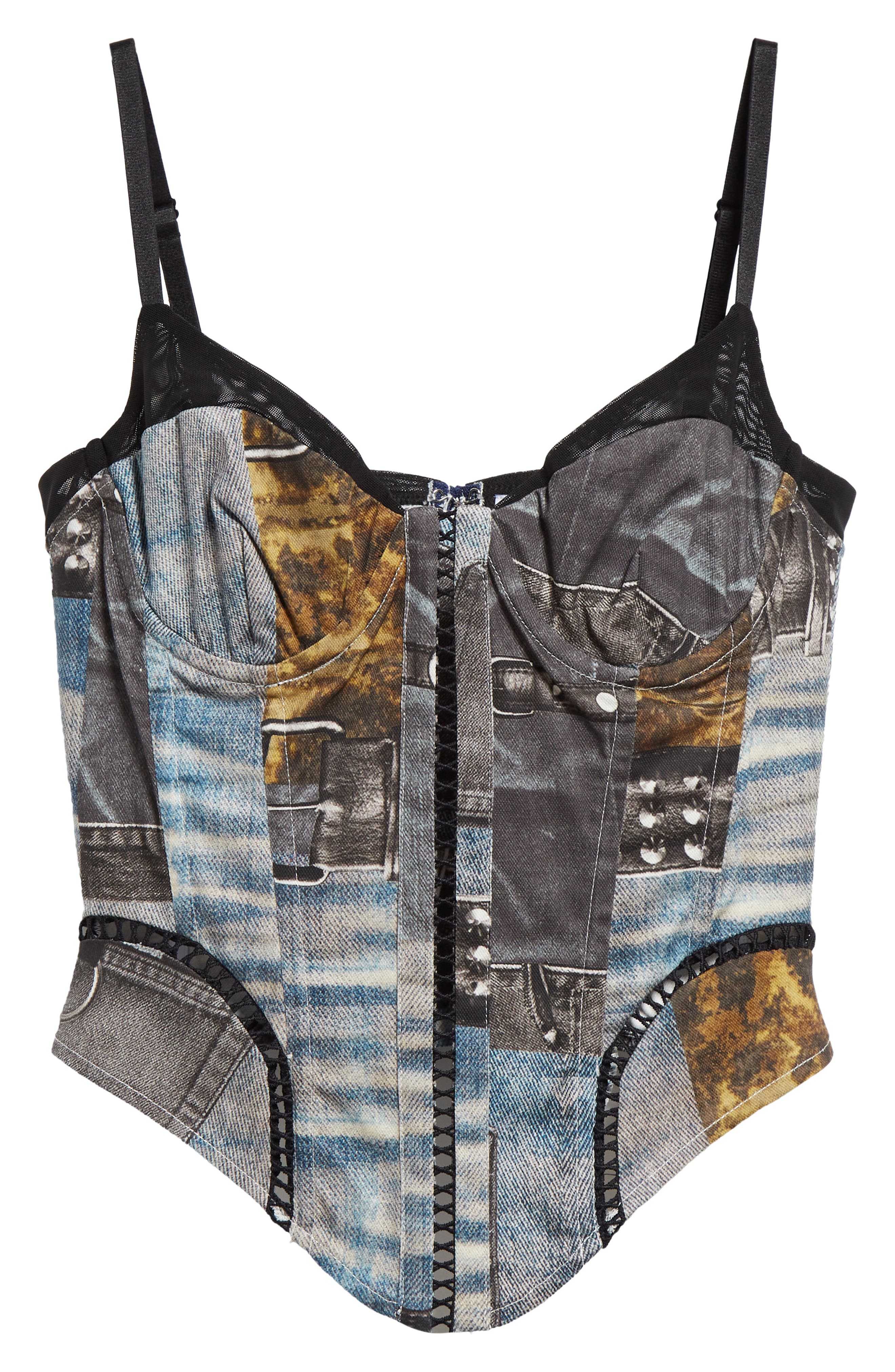 Miaou Cristina Patchwork Print Corset Top in Denim Suede Print