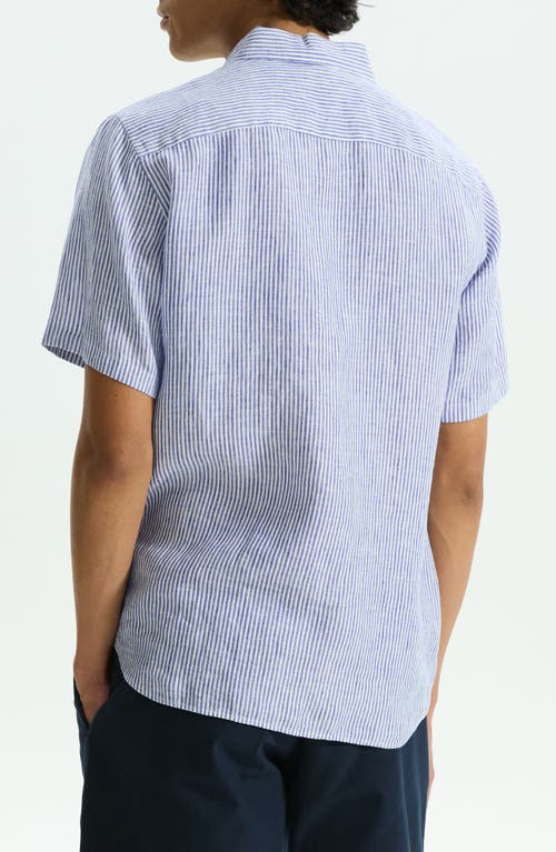 Shop Theory Irving Pinstripe Short Sleeve Linen Button-up Shirt In White/ocean - 1rn