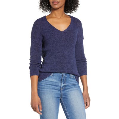 Cotton Emporium Open Stitch V-Neck Sweater, Blue