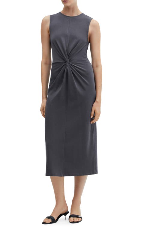 Mango Center Knot Cotton Midi Dress In Grey