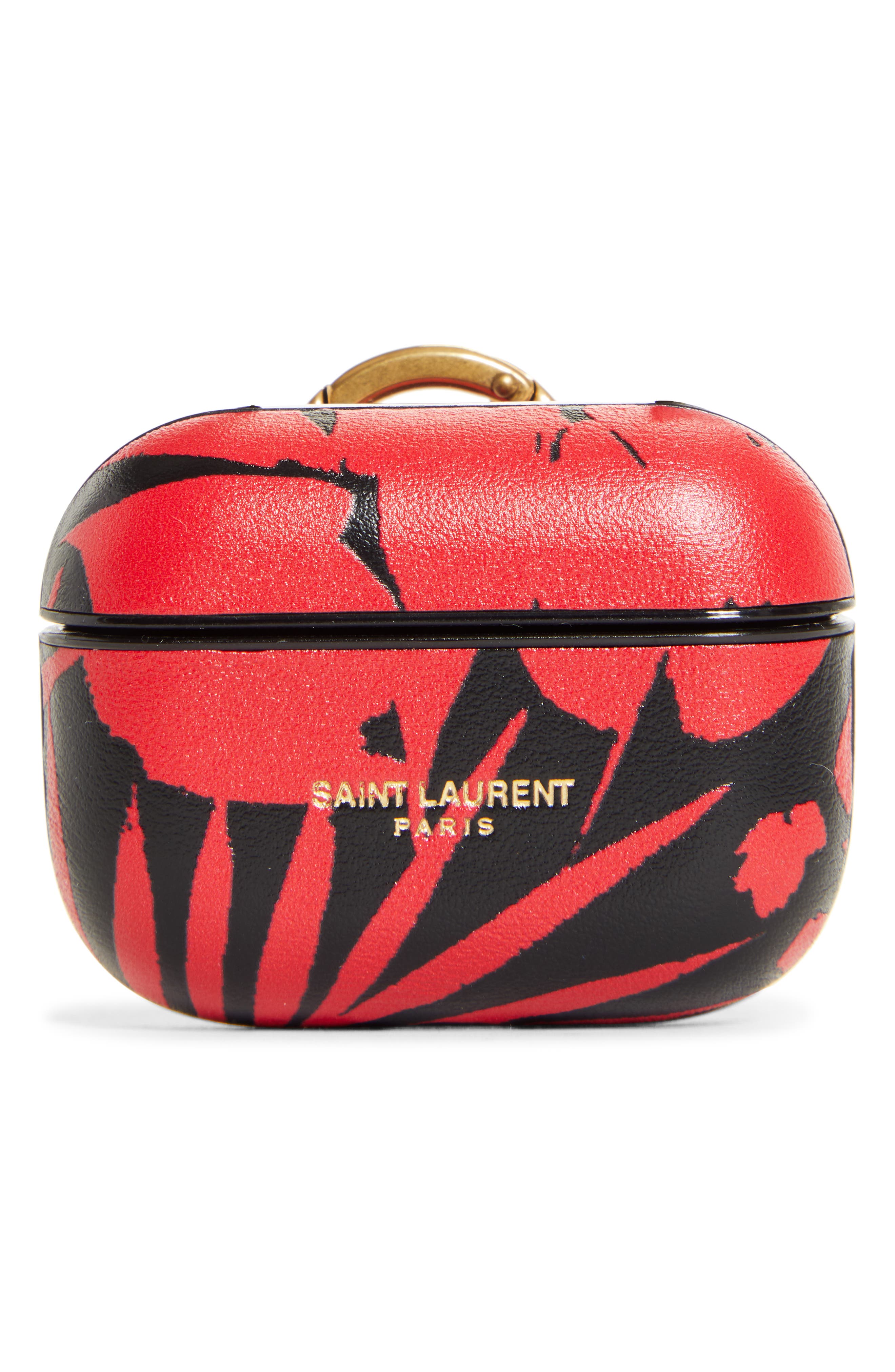 Saint Laurent Tropical Print Leather AirPods Pro Case in Nero/Rouge/Black Matte at Nordstrom