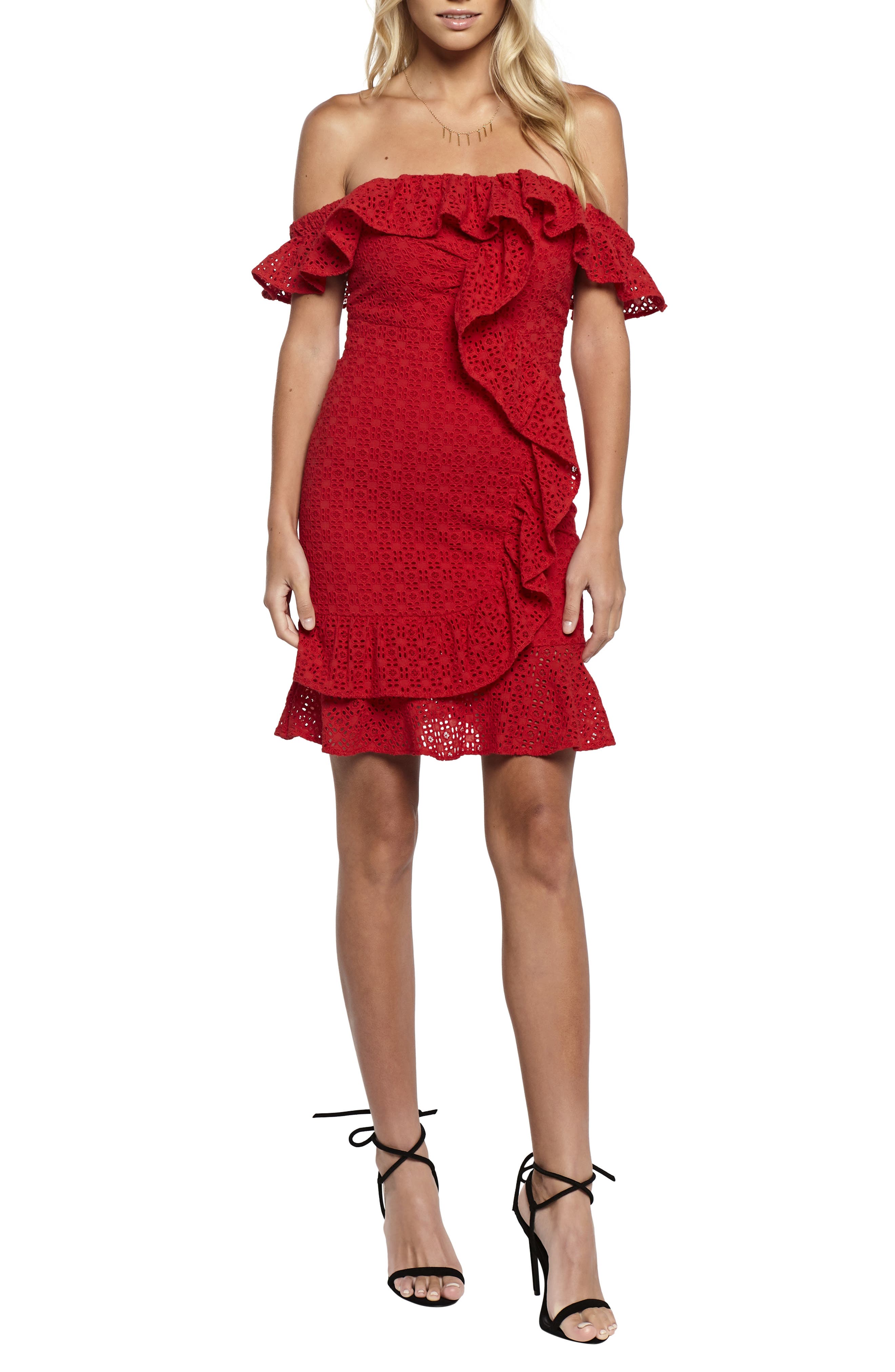 Bardot Jojo Flounce One-Shoulder Dress, Red