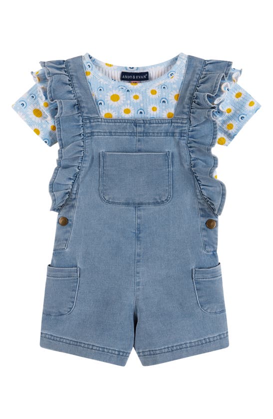 Shop Andy & Evan Kids' Floral T-shirt & Denim Romper Set In Blue Daisy