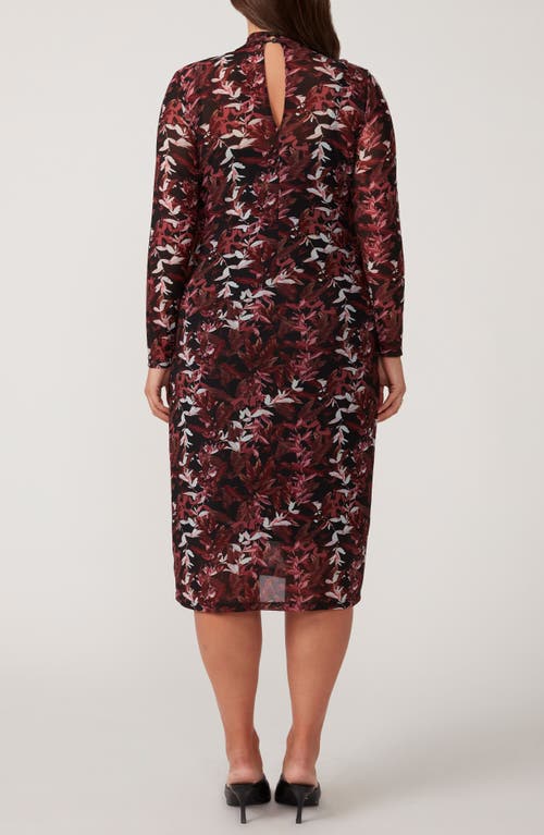 Shop Estelle Reflection Leaves Long Sleeve Mesh Midi Dress In Black/rose