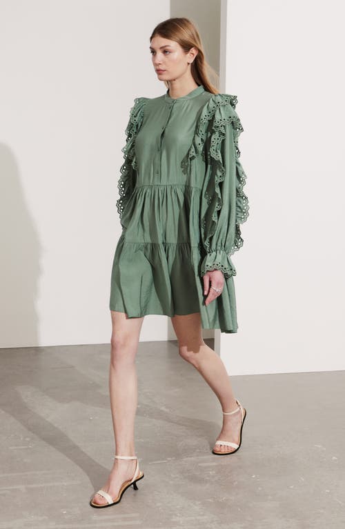 Shop & Other Stories Eyelet Ruffle Long Sleeve Mini Shirtdress In Khaki Green Medium