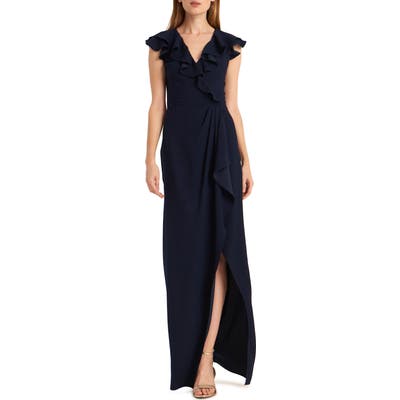 Ml Monique Lhuillier Crepe Back Satin Faux Wrap Gown, Blue