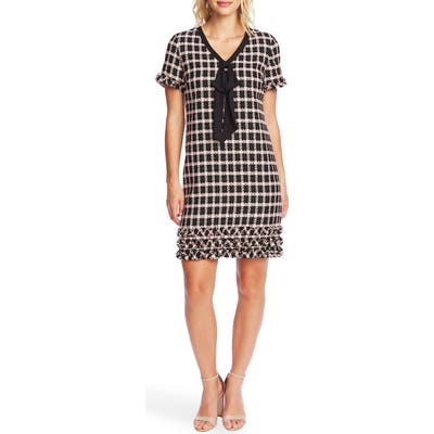Cece Grid Tweed Short Sleeve A-Line Dress, Black