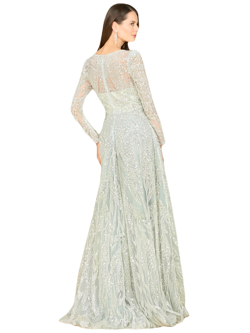 Lara New York Long Sleeve Beaded Lace Gown In Frost