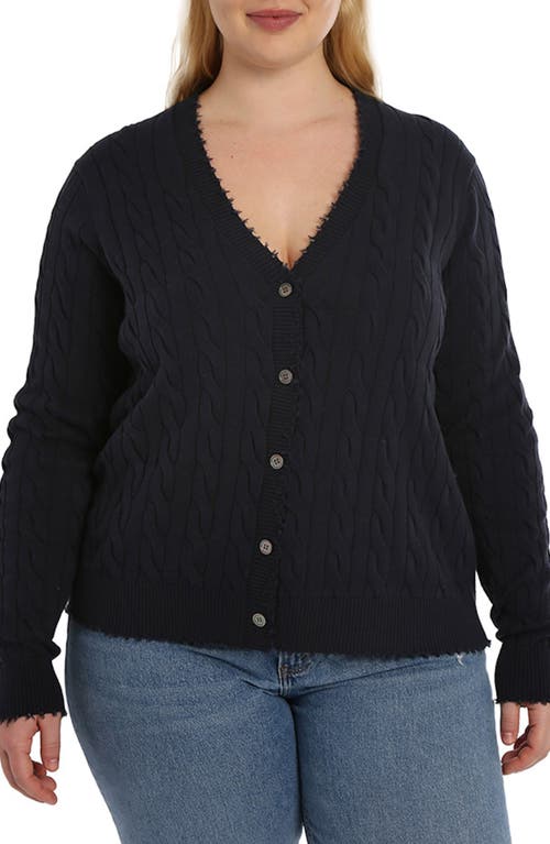 Frayed V-Neck Cable Knit Cotton Cardigan in Navy