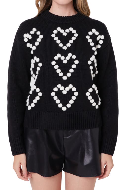 Shop English Factory Pompom Heart Mock Neck Sweater In Black/ivory