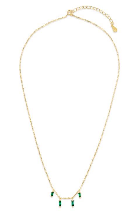 14K Yellow Gold Plated Sterling Silver Baguette CZ Charm Necklace