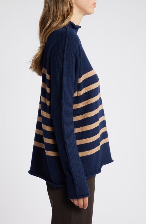 Frank & Eileen Monterey Stripe Cotton Funnel Neck Sweater In Navy W/camel Stripe