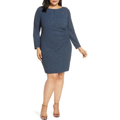 Plus Size Eliza J Long Sleeve Glitter Ruched Sheath Dress, Grey