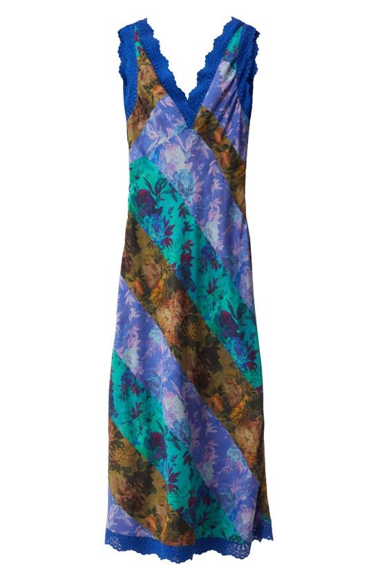 Nasty Gal Mixed Floral Print Lace Trim Midi Dress In Blue