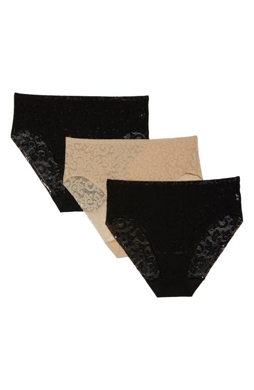 Assorted 3-Pack Lace High Cut Briefs in Black/Black/Nude