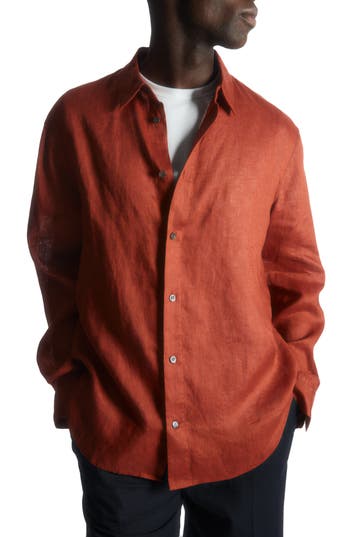 Cos Curved Hem Linen Button-up Shirt In Rust