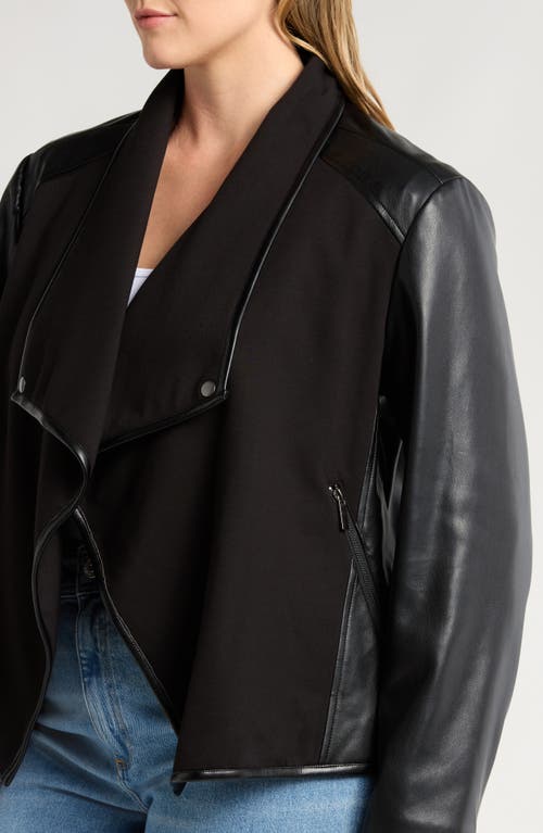 Shop Bagatelle Drape Faux Leather Sleeve Mixed Media Jacket In Black