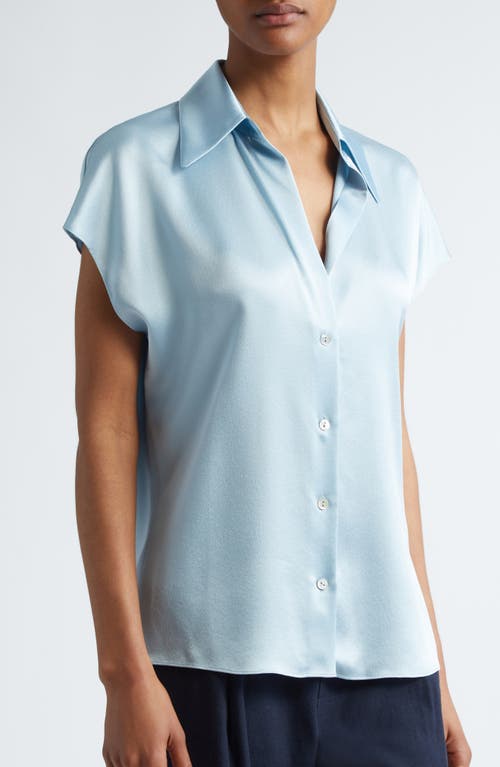 Shop Vince Cap Sleeve Gathered Back Short Sleeve Silk Button-up Shirt In Pacific Mist