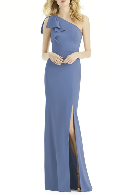 After Six Bow One-Shoulder Trumpet Gown in Larkspur
