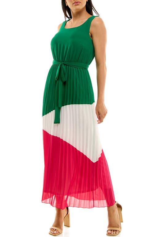 Nina Leonard Colorblock Pleated Chiffon Maxi Dress In Green/ivory/pink