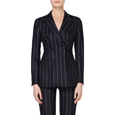Suistudio Cameron Pinstripe Double Breasted Wool Suit Jacket, US / 4 - Blue