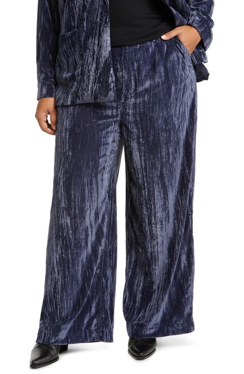 Relaxed Wide Leg Crushed Velvet Trousers (Plus)