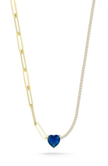 Sphera Milano Cubic Zirconia Heart Mixed Chain Necklace In Gold/blue