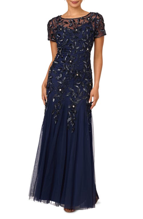 Adrianna Papell Floral Embroidered Beaded Trumpet Gown in Light Navy 