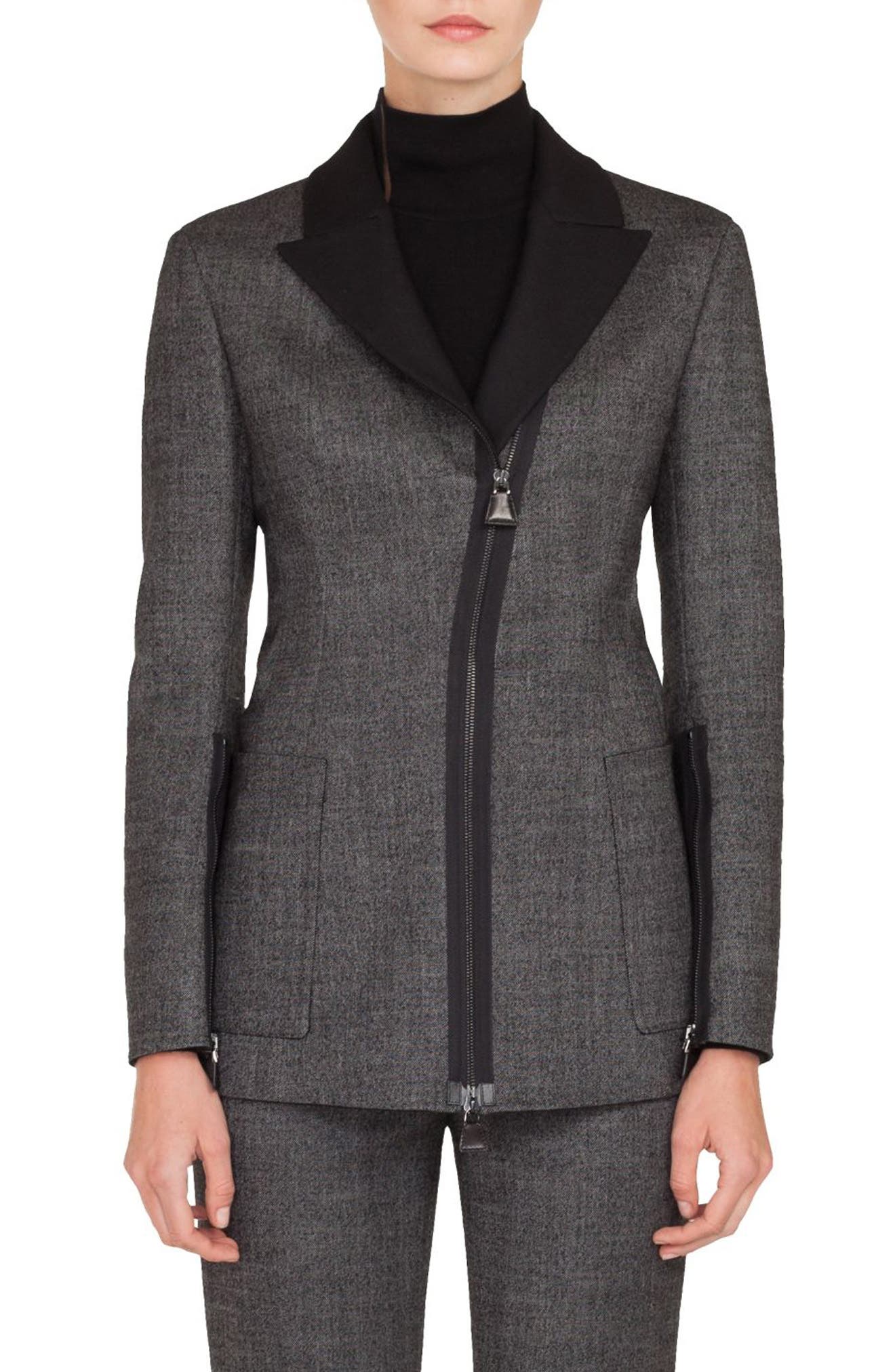 Akris Asymmetrical Zip Double Face Tweed Jacket In Black