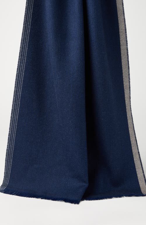 Shop Brunello Cucinelli Wool And Cashmere Diagonal Scarf With Striped Edge In Blue