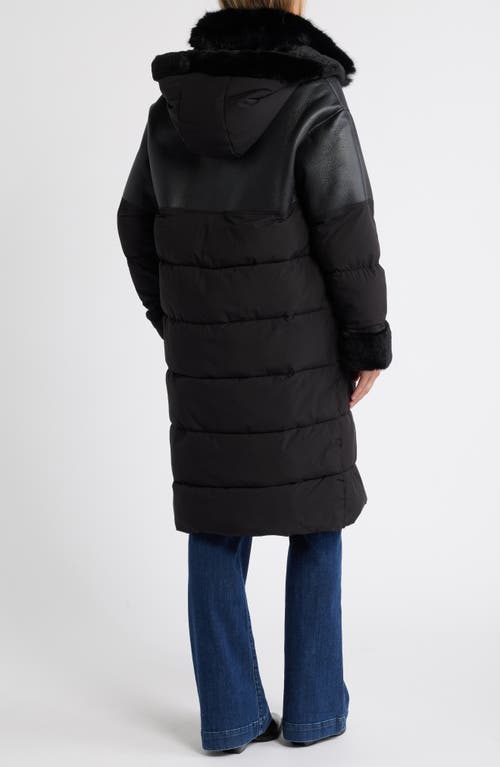 Shop Sam Edelman Mixed Media Faux Shearling Puffer Coat With Removable Hood In Black